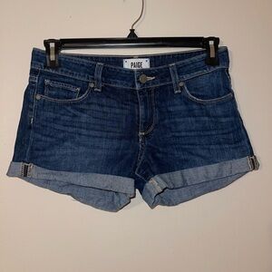 Paige Dark Wash Jimmy Jimmy Blue Jean Shorts w Rolled Hem; 25